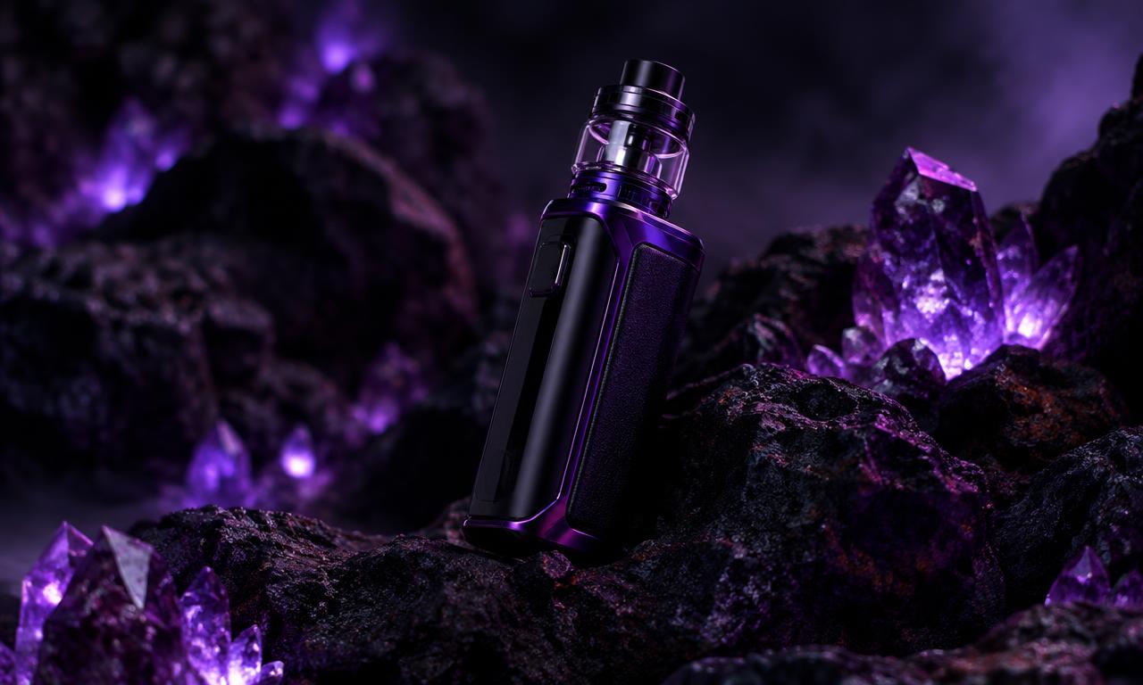 Vape mod among amethyst crystals