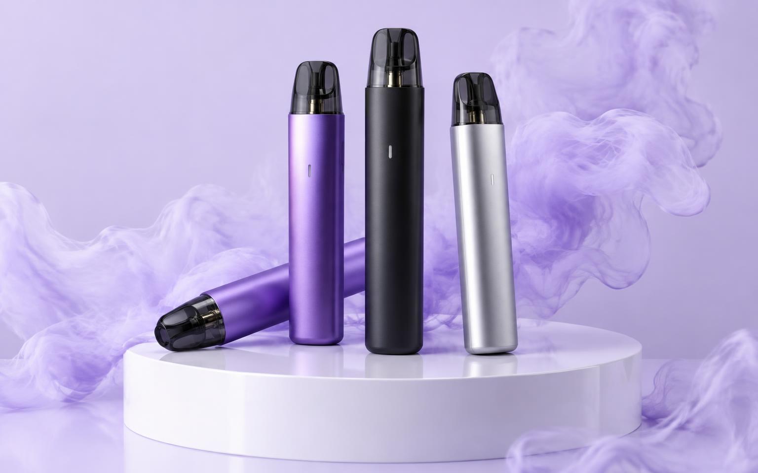 Premium pod vapes on a pedestal with lavender smoke